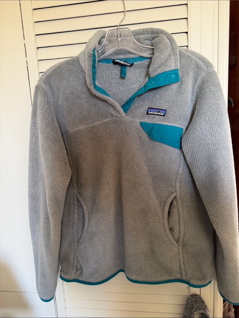 Patagonia Light Gray Fleece Pullover with Teal Accents
